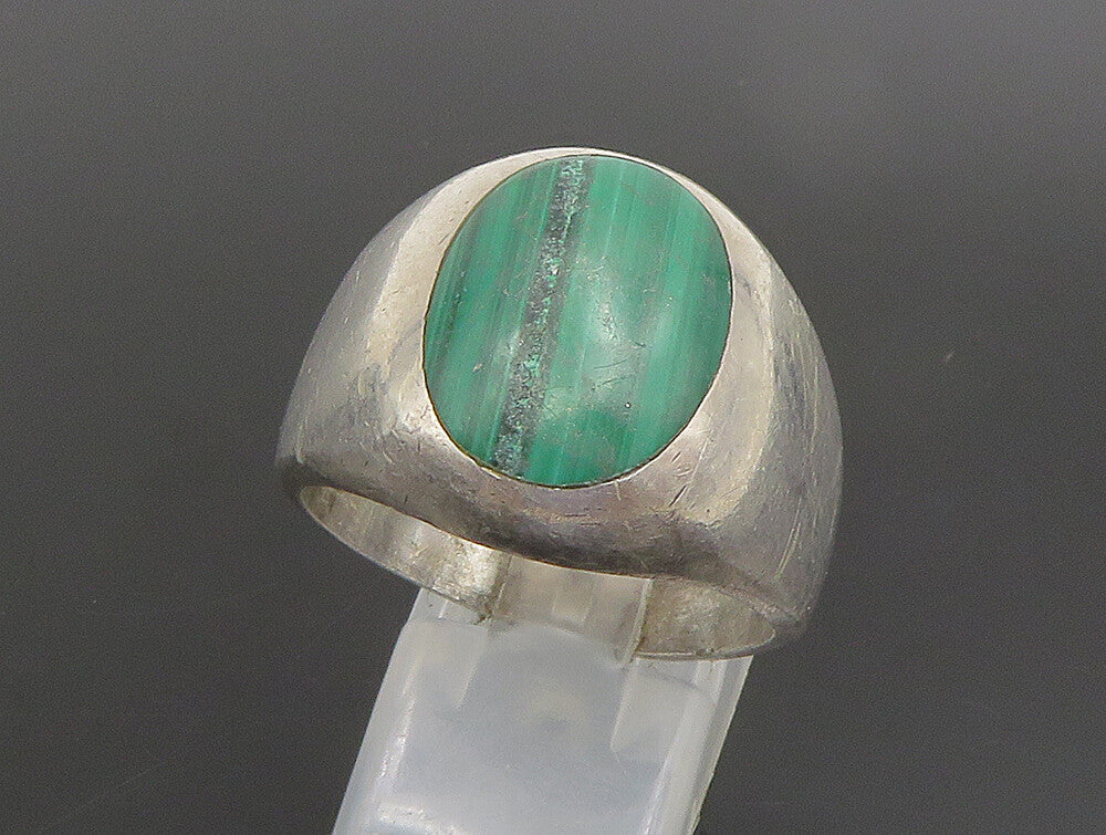 MEXICO 925 Silver  Vintage Inlaid Oval Malachite Dome Ring Sz 12  RG25190