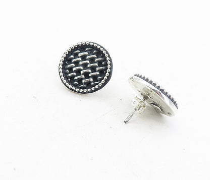 925 Sterling Silver  Vintage Oxidized Basket Weave Button Drop Earrings EG4051