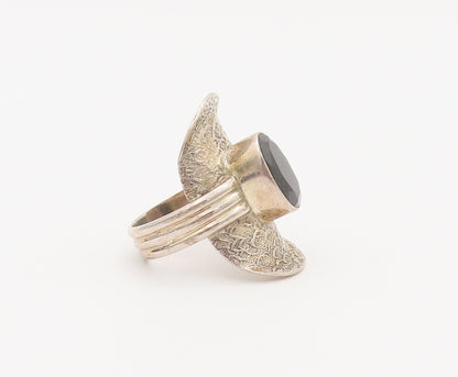 925 Sterling Silver Vintage Ring Dented Shield Beaded Oval Onyx Sz 11 RG27823