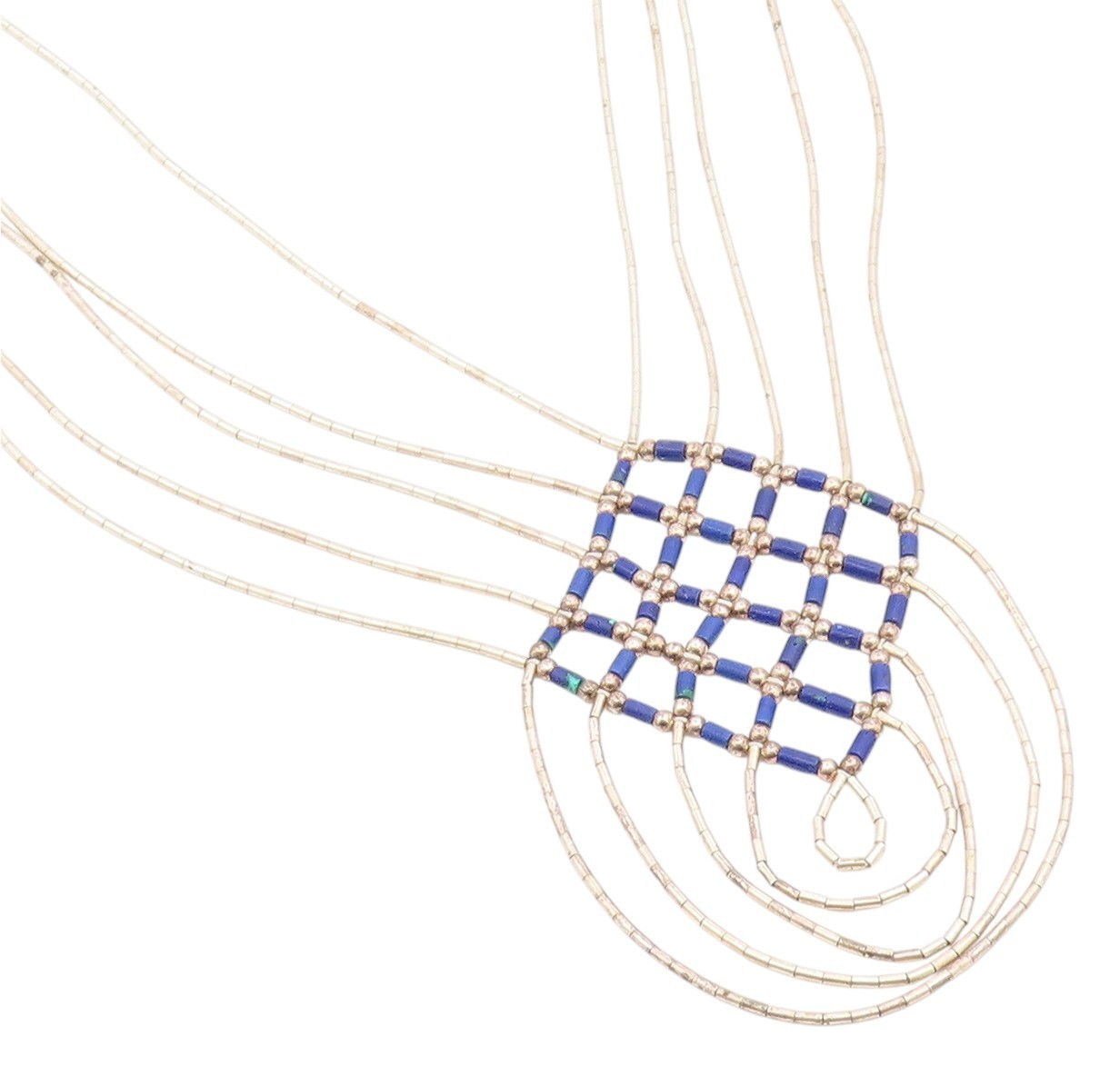925 Sterling Silver Vintage Necklace Modernist Lapis Lazuli Beaded Net  NE4855