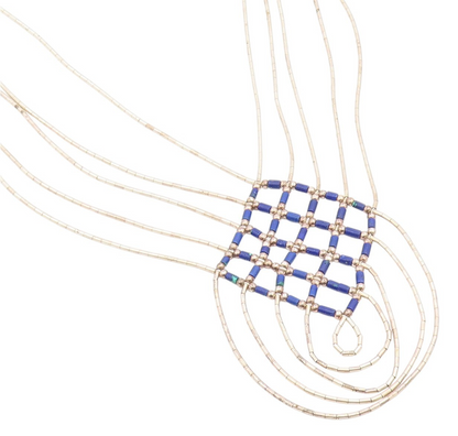 925 Sterling Silver Vintage Necklace Modernist Lapis Lazuli Beaded Net  NE4855
