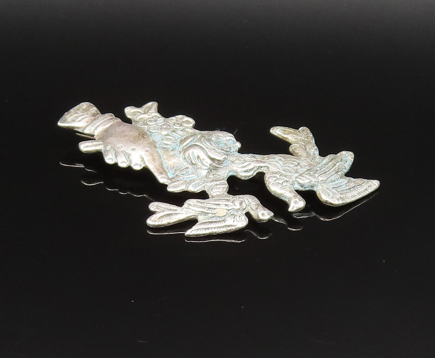 925 Silver  Vintage Antique Hand Holding Flower & Dove Birds Brooch Pin BP9573