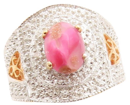 925 Sterling Silver Vintage Ring Gold Plated Pink Gemstone & CZ  Sz 5  RG31457