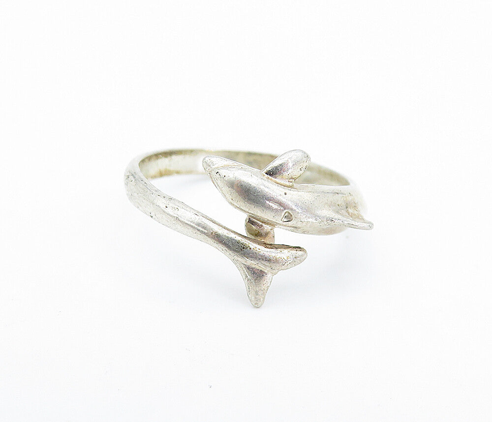 925 Sterling Silver  Vintage Dolphin Head Tail Bypass Band Ring Sz 8.5  RG6676