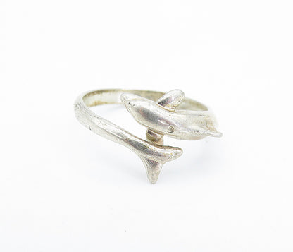 925 Sterling Silver  Vintage Dolphin Head Tail Bypass Band Ring Sz 8.5  RG6676
