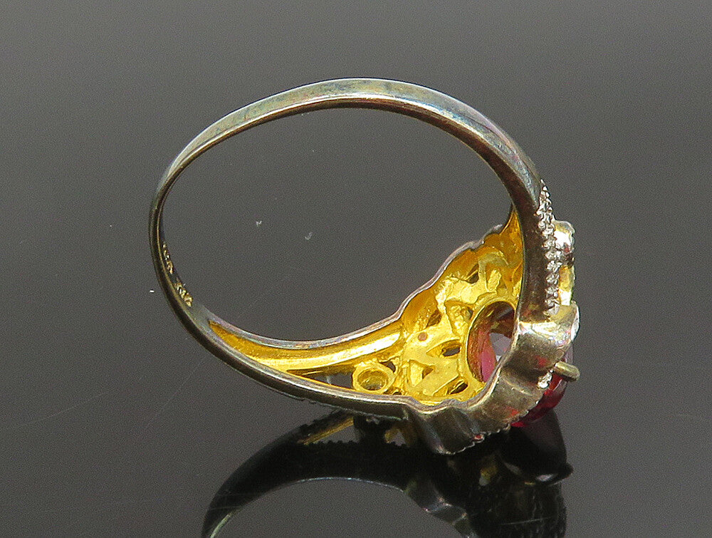 925 Silver  Vintage Two Tone Garnet & Topaz Floral Swirl Ring Sz 10  RG25309