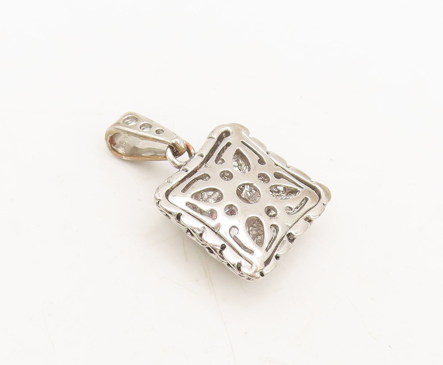 925 Sterling Silver Vintage Pendant Square Breaded Beaded Carved CZ  PT22510