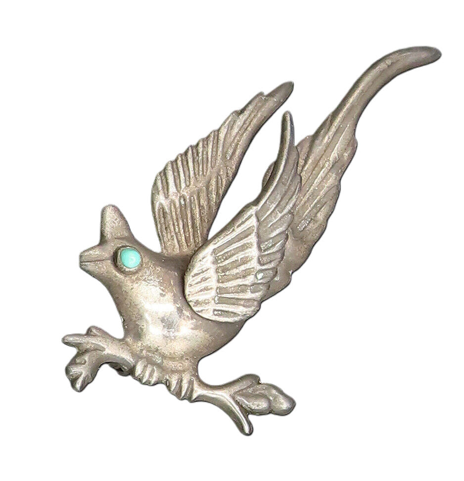 MEXICO 925 Silver  Vintage Antique Bird With Turquoise Eye Brooch Pin  BP9816