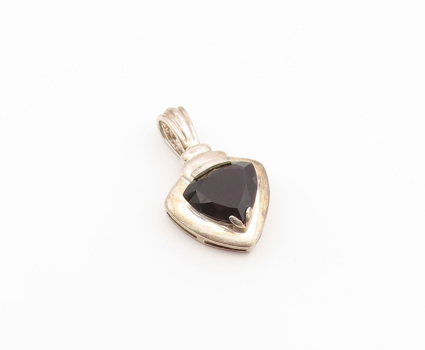 925 Sterling Silver Vintage Pendant Trillion Cut Black Onyx Shield Charm PT26651