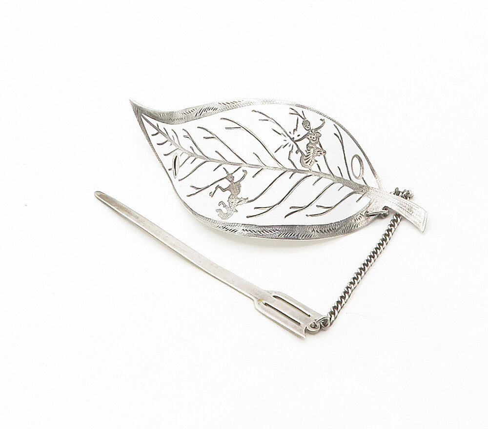 SIAM 925 Sterling Silver  Vintage White Enamel Floral Leaf Chained Pin  TR2305