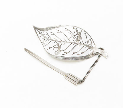 SIAM 925 Sterling Silver  Vintage White Enamel Floral Leaf Chained Pin  TR2305