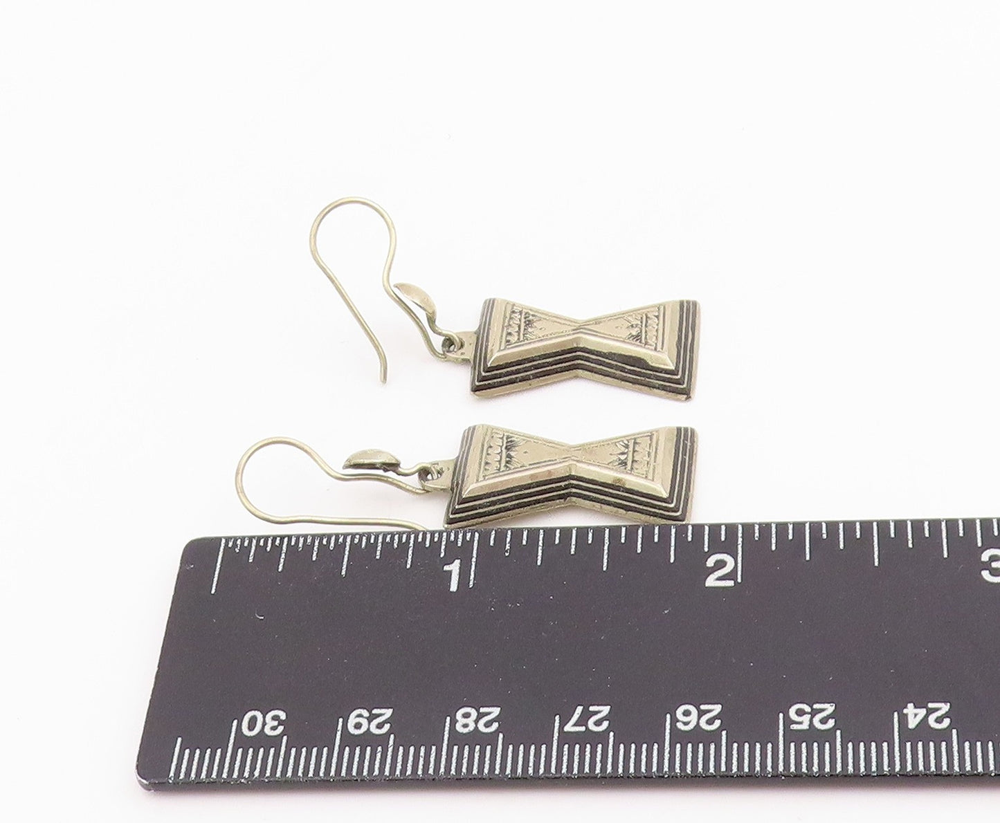 925 Sterling Silver Vintage Earrings Etched Geometric Hourglass Drop  EG14082