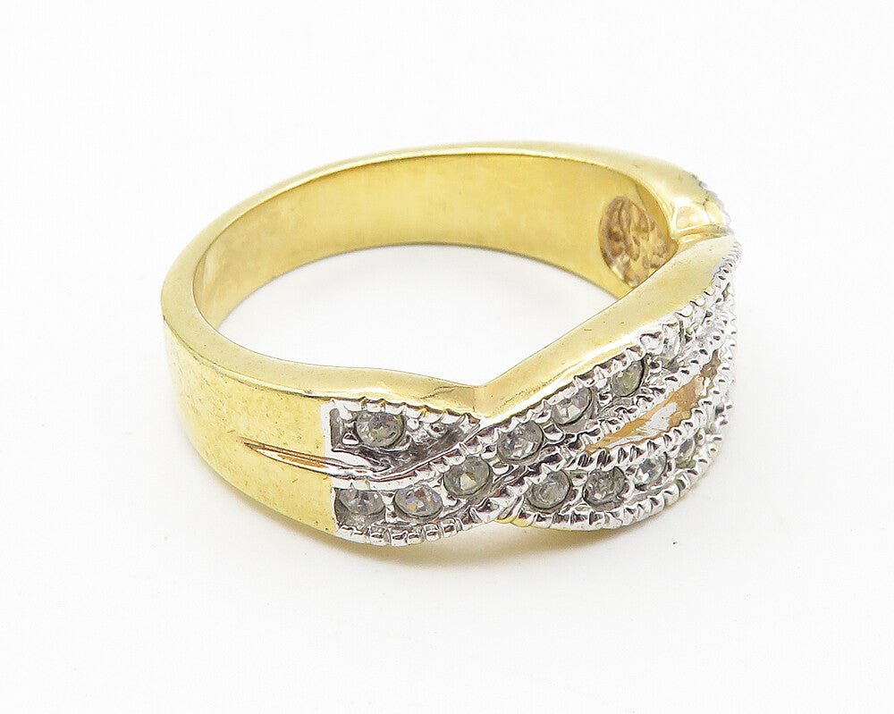 925 Sterling Silver  Sparkling Topaz Shiny Two Tone Band Ring Sz 9  RG10636
