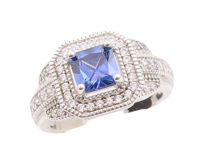 925 Sterling Silver Vintage Ring Designer Square Sapphire CZ Inlay Sz 7 RG29794
