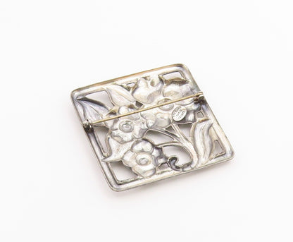 925 Sterling Silver  Vintage Dark Tone Flowers Etched Detail Brooch Pin BP5633