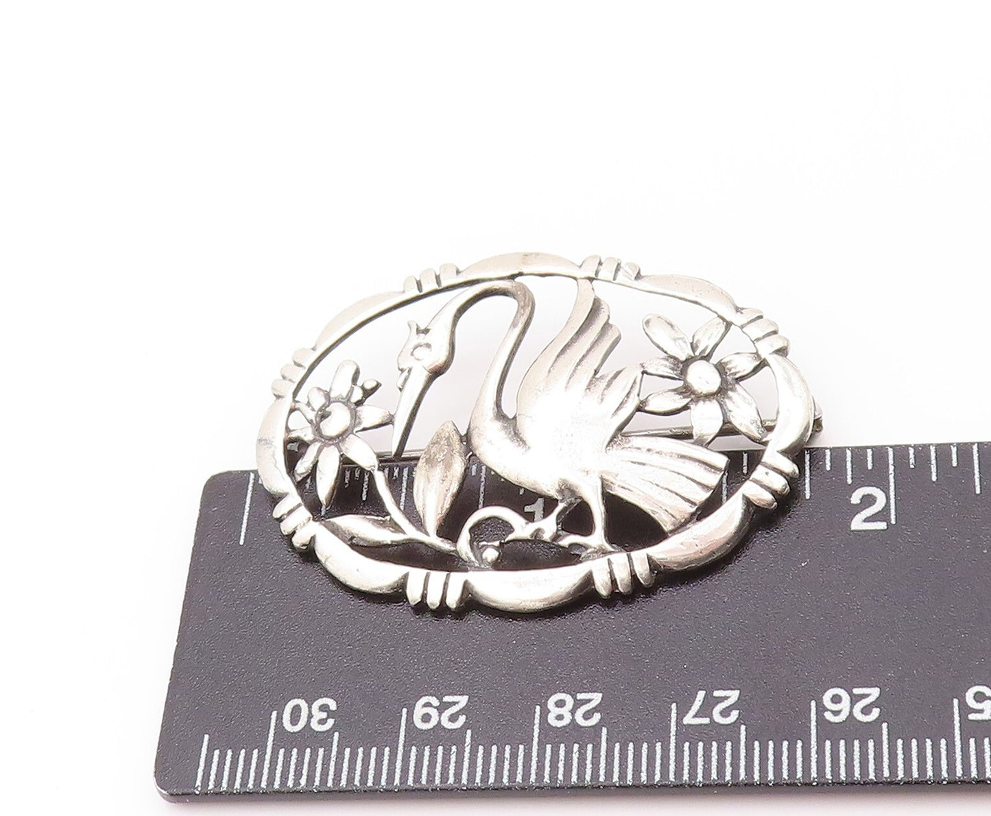925 Sterling Silver Vintage Brooch  BAUR Cutout Stork & Floral Design  BP11552