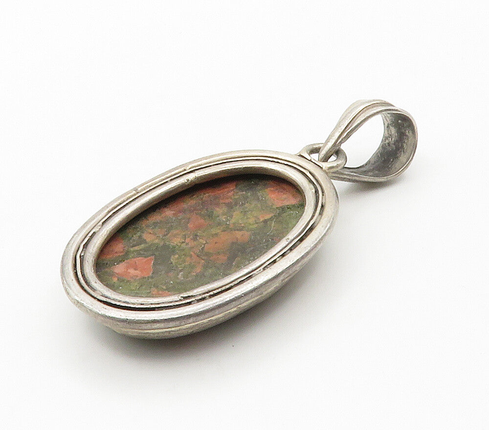 925 Sterling Silver  Vintage Cabochon Cut Unakite Oval Drop Pendant  PT11729
