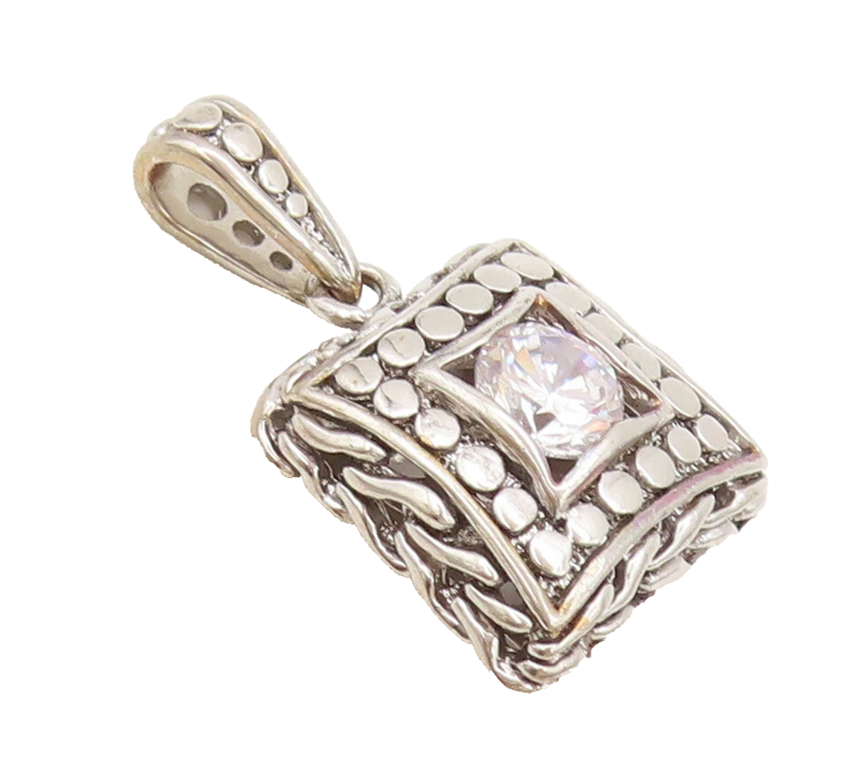 925 Sterling Silver Vintage Pendant Square Breaded Beaded Carved CZ  PT22510