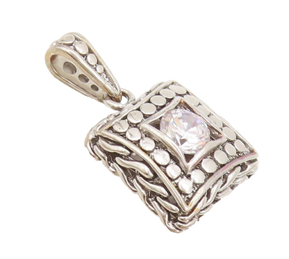 925 Sterling Silver Vintage Pendant Square Breaded Beaded Carved CZ  PT22510