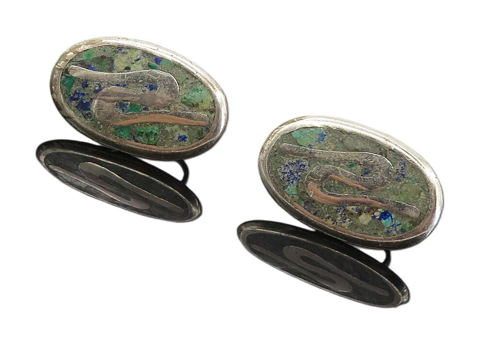 MEXICO 925 Silver  Vintage Inlaid Jasper Oval Non Pierce Drop Earrings  EG4590