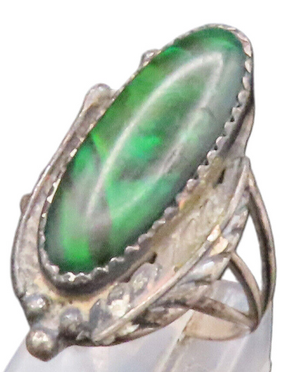 NAVAJO 925 Silver  Vintage Green Abalone Leaf Wrapped Ring Sz 7  RG25101