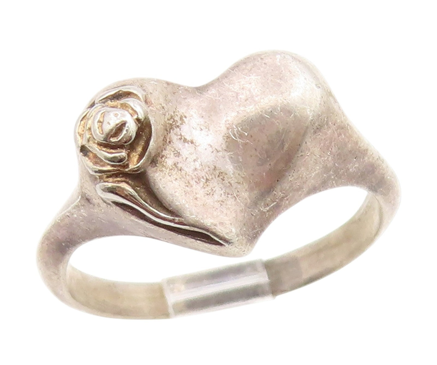 925 Sterling Silver Vintage Ring Carved Rose Floral Love Heart  Sz 8  RG34901