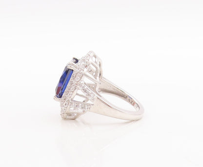 925 Sterling Silver Vintage Ring Rectangle Sapphire Carved CZ Frame Sz 7 RG29367