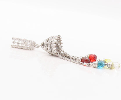 925 Sterling Silver Vintage Earrings CZ & Dangling Gemstone Tassel Cut  EG13454