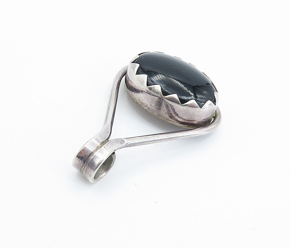 MEXICO 925 Silver  Vintage Cabochon Cut Black Onyx Serrated Pendant  PT4166