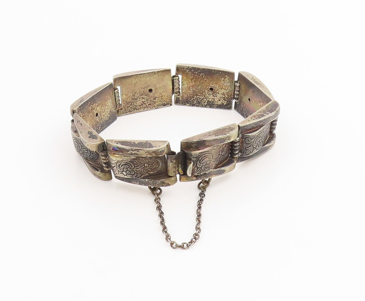 925 Sterling Silver Vintage Bracelet Dark Tone Engraved Floral Panels  BT11417
