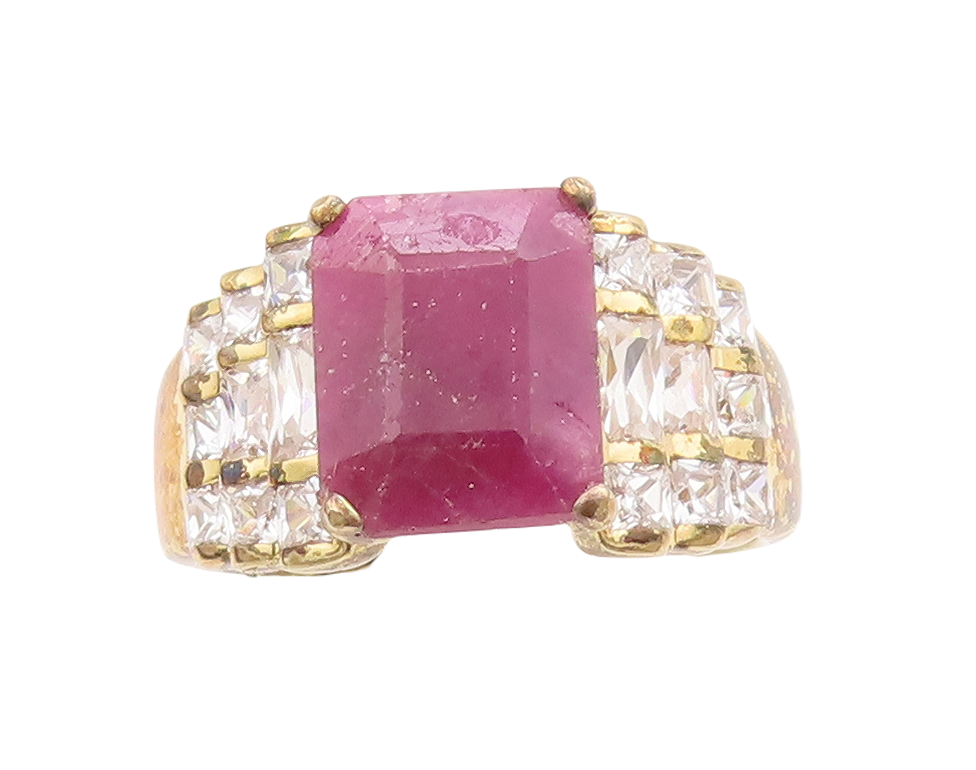 925 Sterling Silver Vintage Ring Gold Plated Ruby & Step Inlay CZ  Sz 7  RG29277