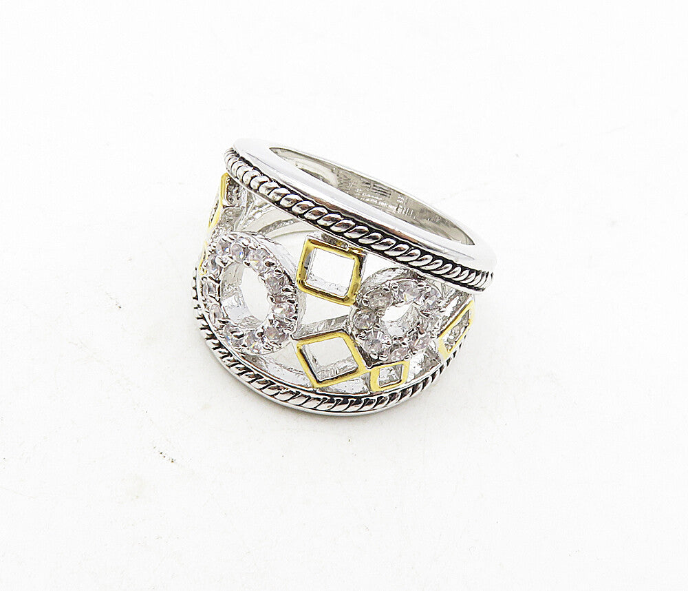 925 Sterling Silver   Shiny Cubic Zirconia Open 2 Tone Band Ring Sz 6  RG9184