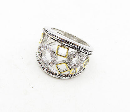 925 Sterling Silver   Shiny Cubic Zirconia Open 2 Tone Band Ring Sz 6  RG9184