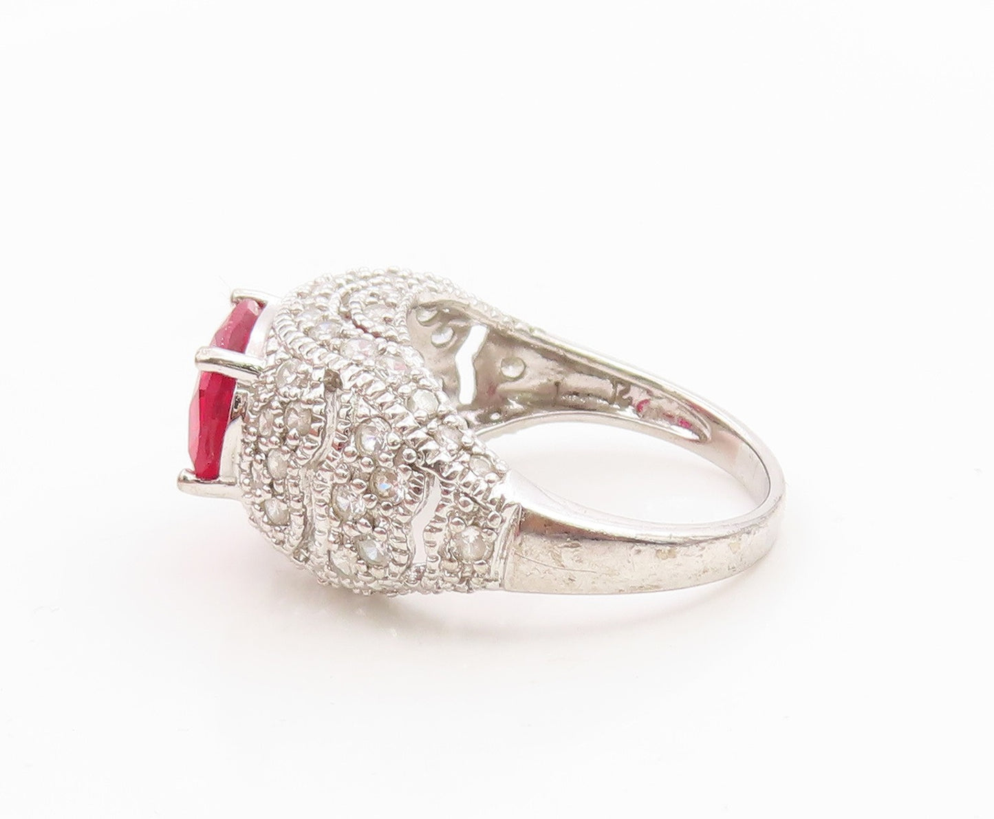925 Sterling Silver Vintage Ring Oval Ruby & Topaz Statement Band  Sz 7  RG35866