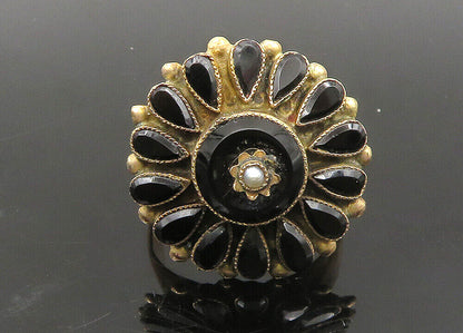 10K GOLD  Vintage Antique Black Onyx & Pearl Floral Band Ring Sz 6  GR145