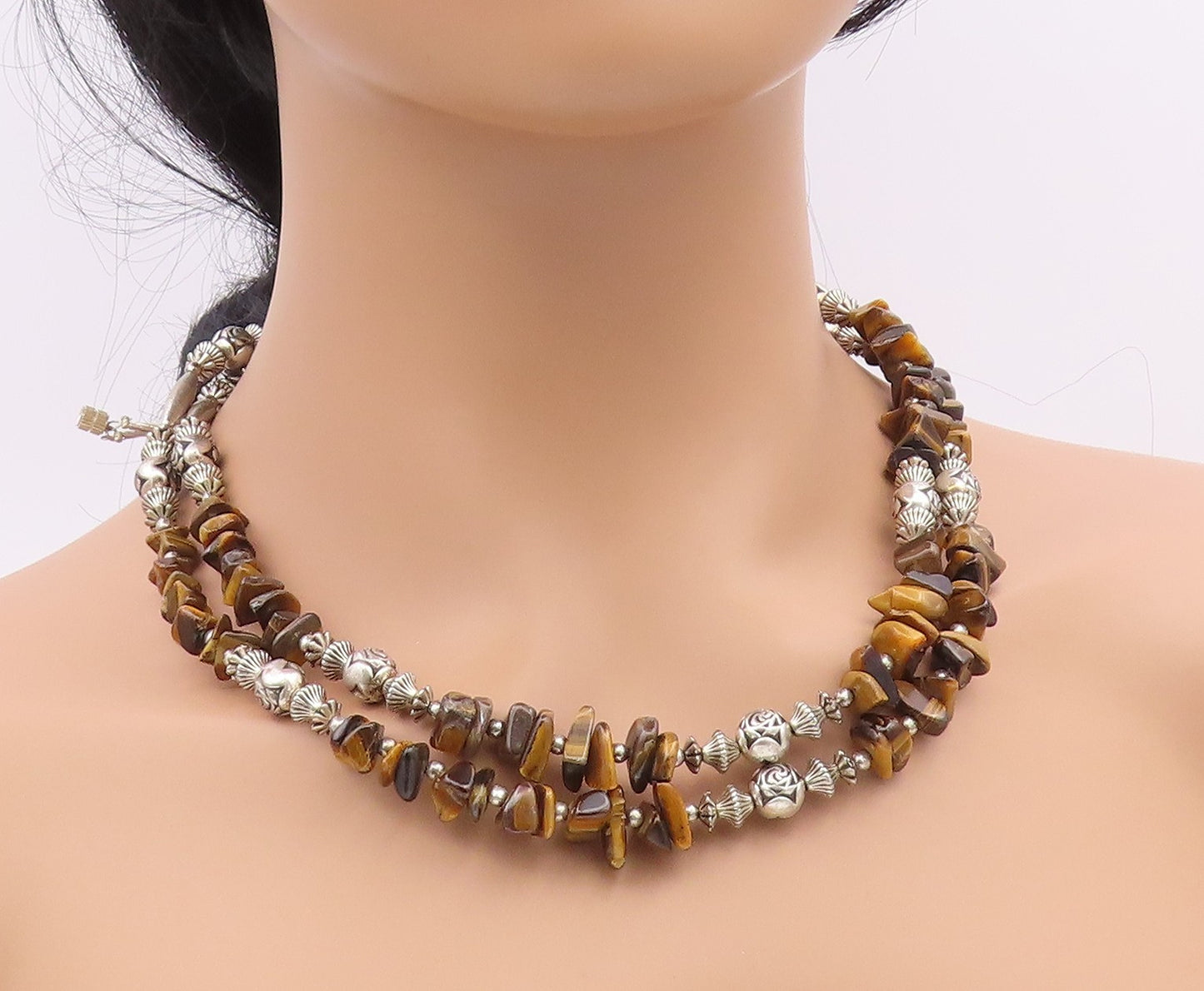 925 Silver  Vintage Engraved Sphere Bar & Tiger's Eye Layered Necklace  NE3877