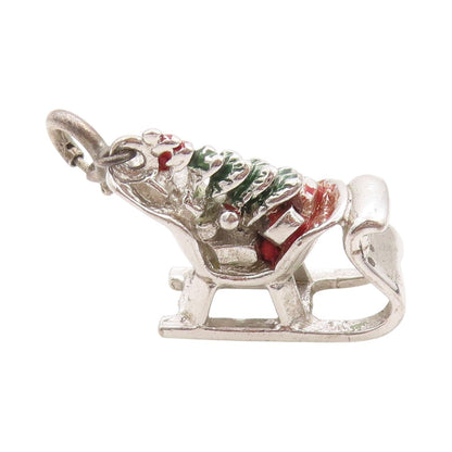 925 Sterling Silver Vintage Pendant Enameled Christmas Tree & Sled Charm PT24688