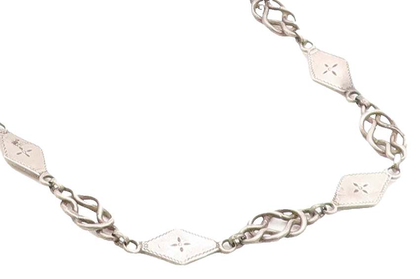 925 Sterling Silver  Vintage Floral Diamond Shape Link Chain Necklace  NE1675