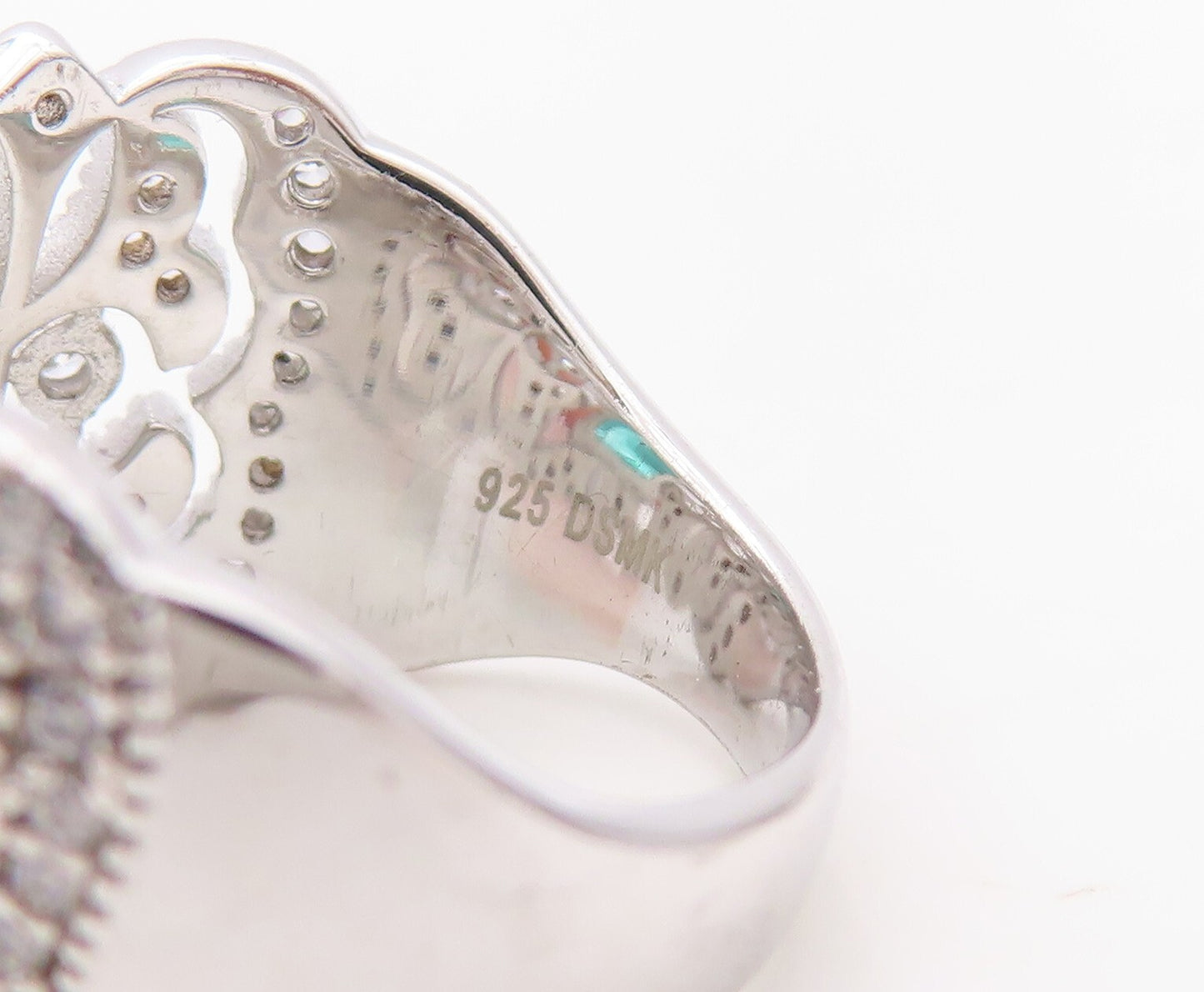 925 Sterling Silver Vintage Ring Floral Cutout White & Sea Green CZ Sz 7 RG30259