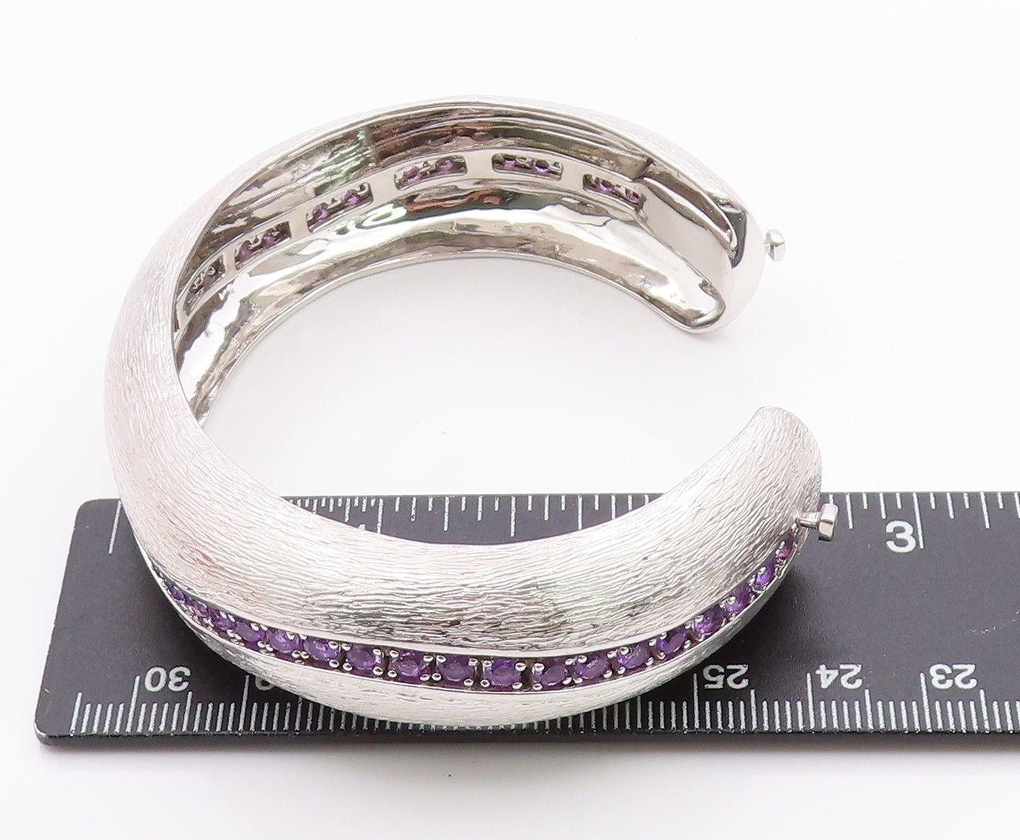 925 Sterling Silver Vintage Bracelet Modernist Amethyst Chain Inlay Cuff BT11351