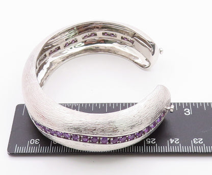 925 Sterling Silver Vintage Bracelet Modernist Amethyst Chain Inlay Cuff BT11351