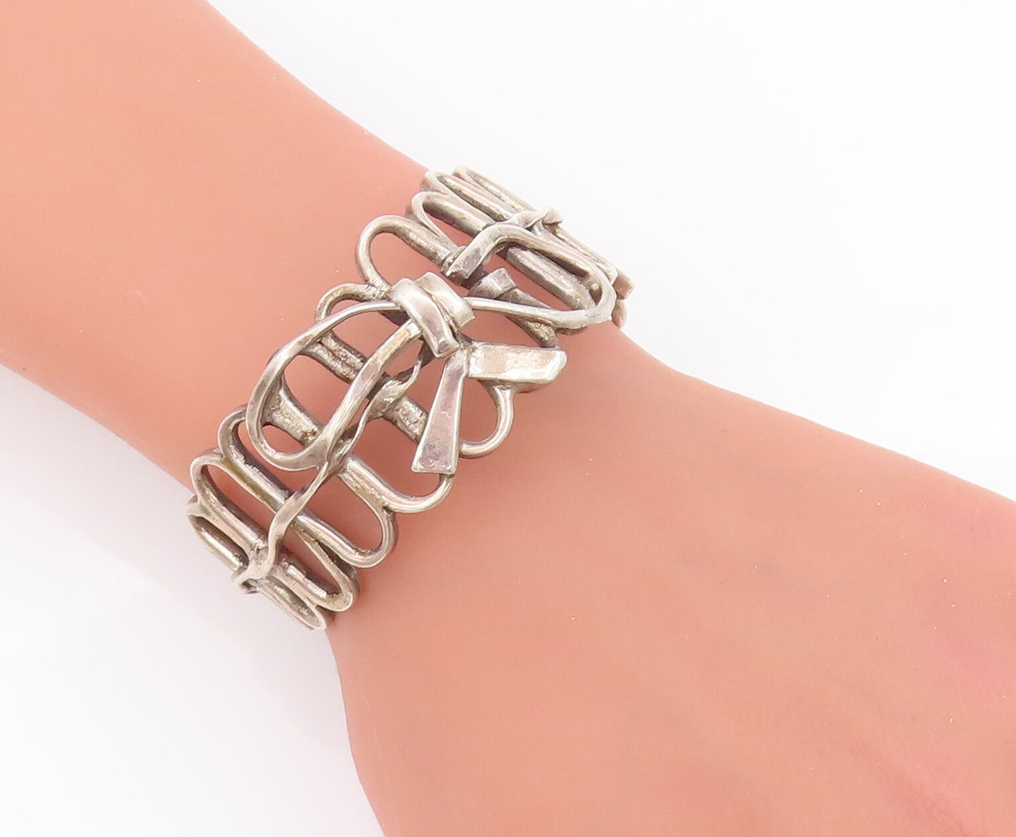 925 Sterling Silver Vintage Bracelet Solid Cutout Oval Ribboned Fence  BT10448