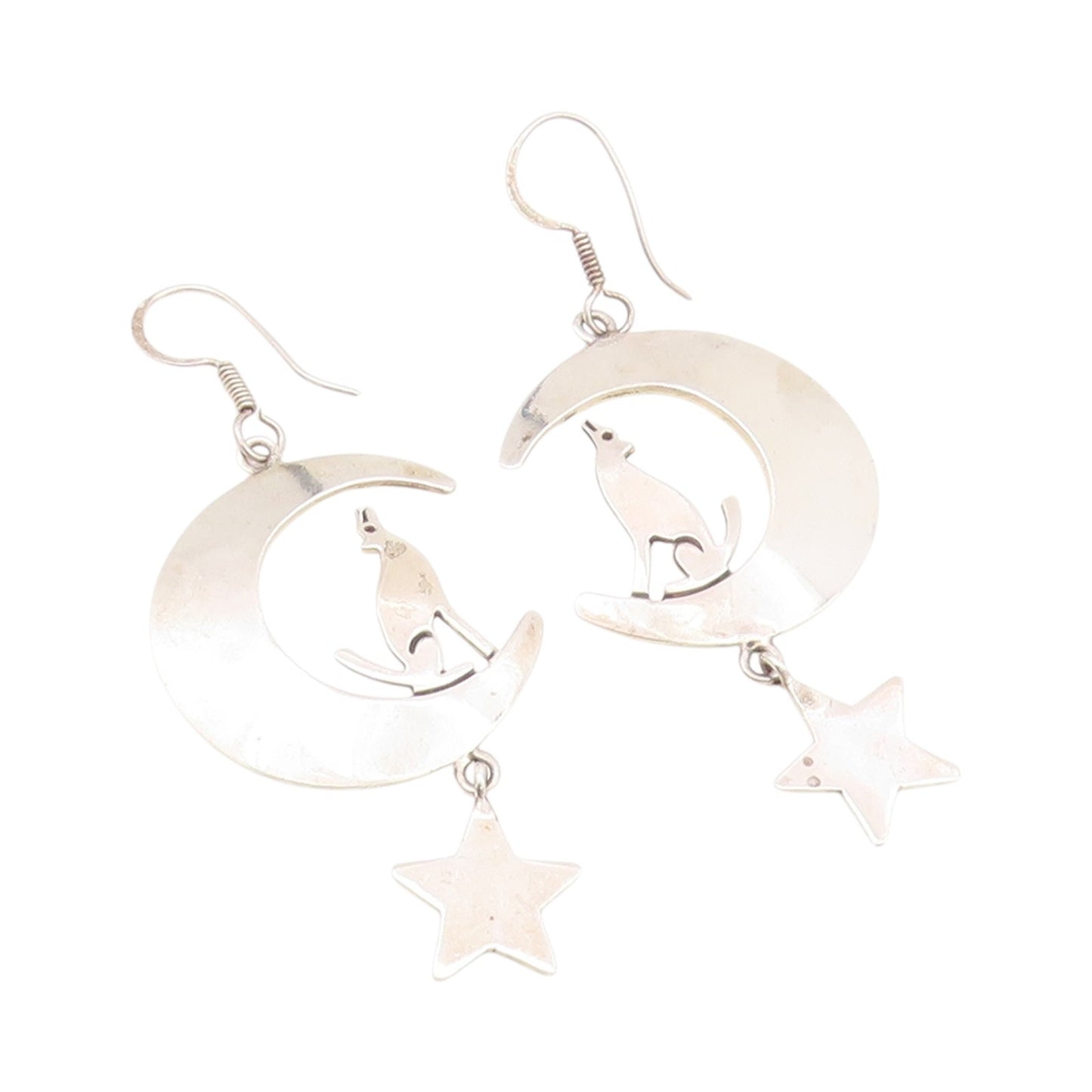 925 Sterling Silver Vintage Earrings MEXICO Howling Wolf On Moon & Star  EG13629