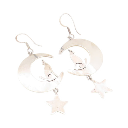 925 Sterling Silver Vintage Earrings MEXICO Howling Wolf On Moon & Star  EG13629