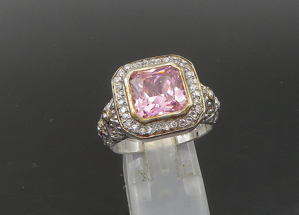 925 Silver  Vintage Pink Cubic Zirconia 2 Tone Cocktail Ring Sz 10  RG23089