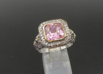 925 Silver  Vintage Pink Cubic Zirconia 2 Tone Cocktail Ring Sz 10  RG23089