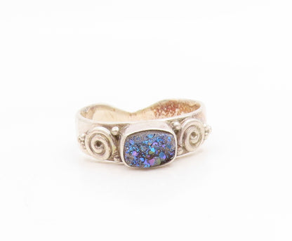 925 Sterling Silver Vintage Ring SAJEN Drusy Quartz Scrollwork  Sz 8  RG34686