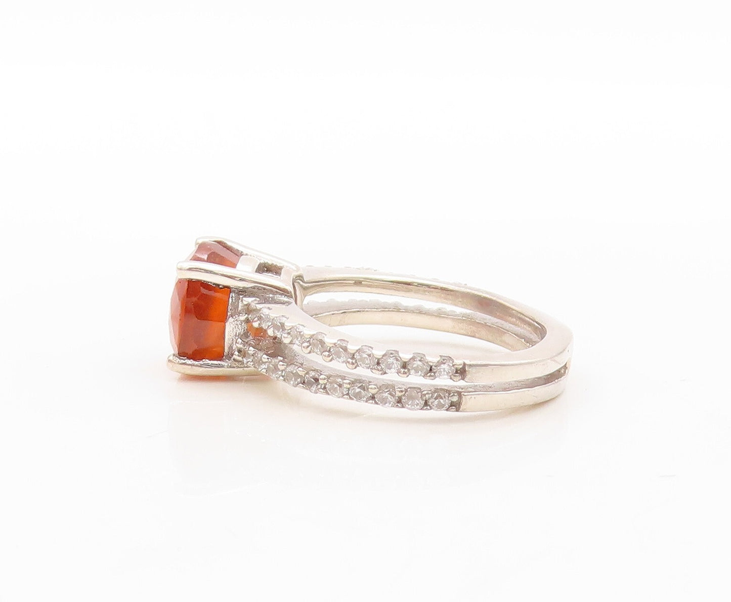 925 Sterling Silver Vintage Ring Round Cut Brown Gemstone & CZ  Sz 7  RG30899