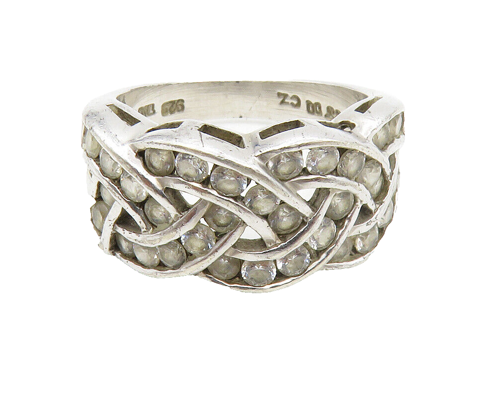 925 Sterling Silver  Vintage White Topaz Braided Band Ring Sz 6  RG13893