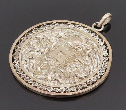925 Silver  Vintage Carved Chinese Dragon & Swirly Cutout Ends Pendant PT22048